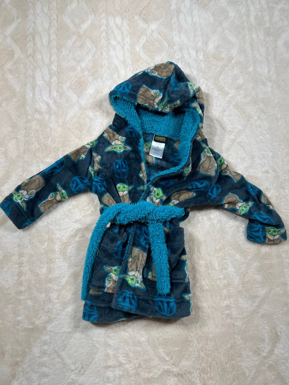 Star Wars Grogu Baby Yoda Hooded Robe Kids 2T Plush Fleece Belt EUC Blue